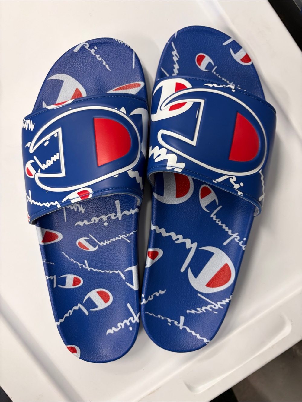 Champion Blue Slides with Red & White Logo Accents